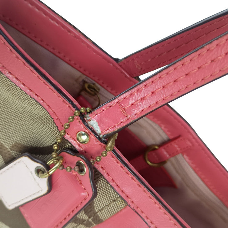 COACH コーチ ハンドバッグ シグネチャー ストライプ ミニトート F49315 ベージュ系 ピンク系 キャンバス レザー レディース ゴールド金具