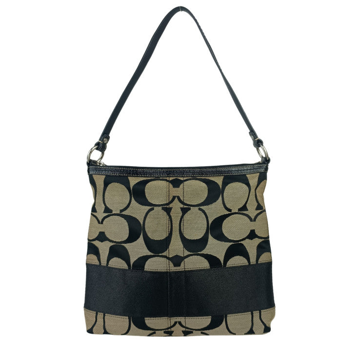 COACH コーチ ハンドバッグ シグネチャー F13674 ブラック系 キャンバス レザー レディース シルバー金具 美品