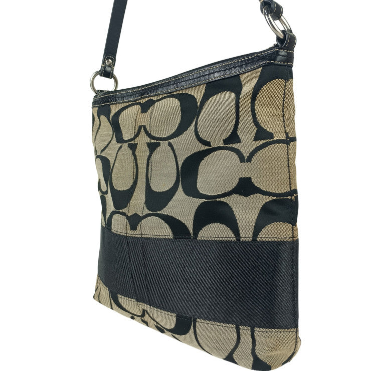 COACH コーチ ハンドバッグ シグネチャー F13674 ブラック系 キャンバス レザー レディース シルバー金具 美品