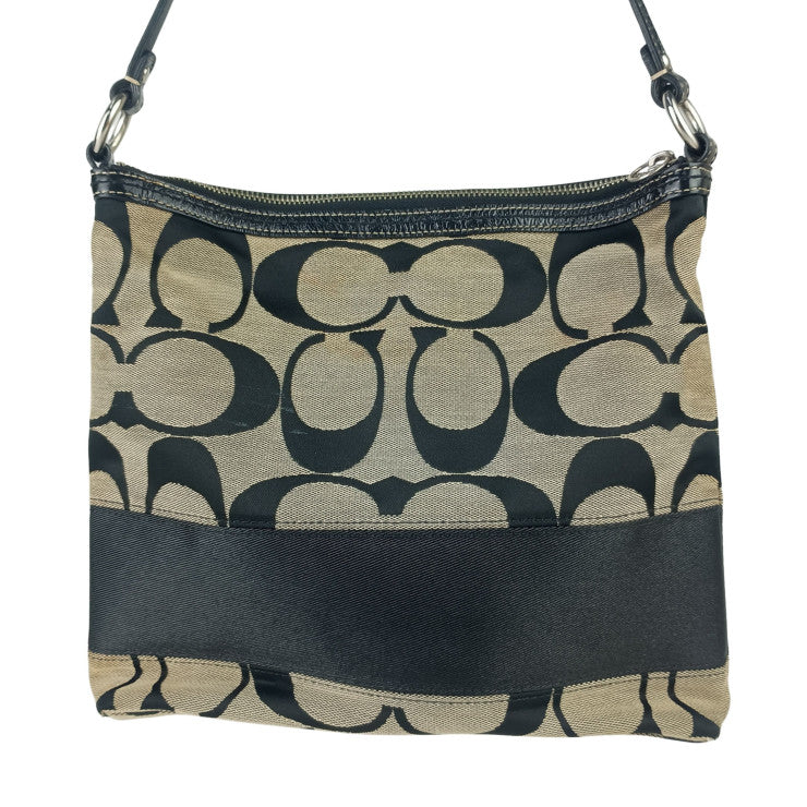 COACH コーチ ハンドバッグ シグネチャー F13674 ブラック系 キャンバス レザー レディース シルバー金具 美品