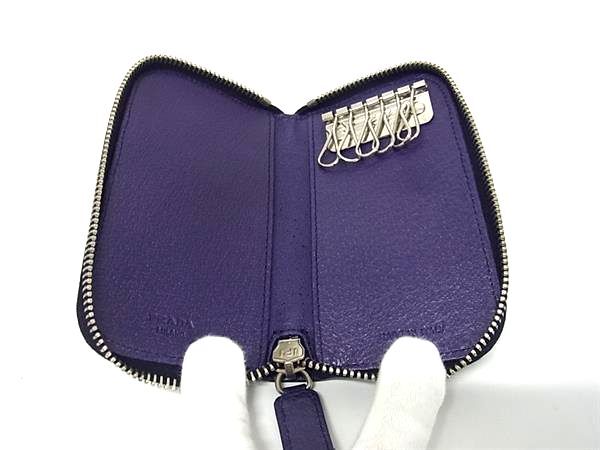 PRADA プラダ キーケース 1M0604 パープル レザー ユニセックス ラウンドファスナー 6連 シルバー金具 美品