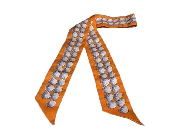 HERMES エルメス リボンスカーフ ツイリー オレンジ系 シルク100% レディース BALLS DE GOLF 超美品