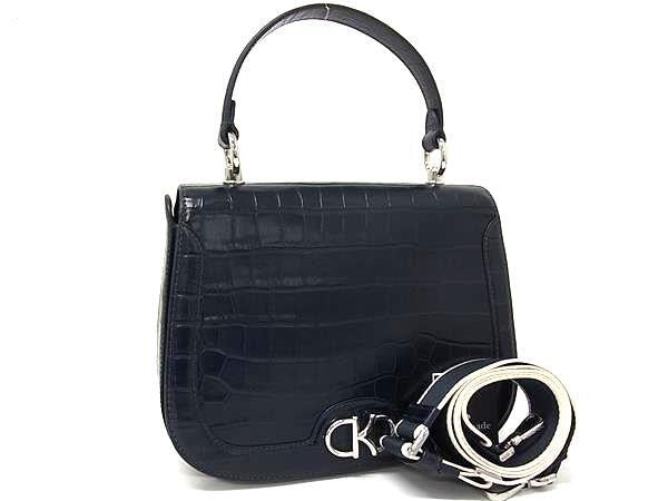 KATE SPADE ケイトスペード ハンドバッグ KF524 ネイビー系 クロコダイル型押しレザー レディース 2WAY ショルダーバッグ シルバー金具 超美品