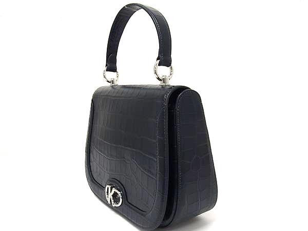 KATE SPADE ケイトスペード ハンドバッグ KF524 ネイビー系 クロコダイル型押しレザー レディース 2WAY ショルダーバッグ シルバー金具 超美品