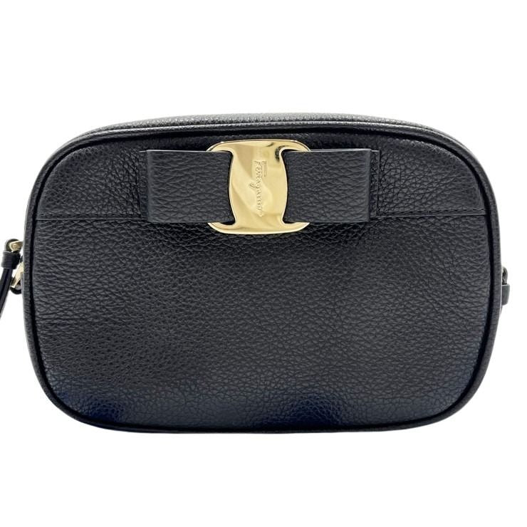 Salvatore Ferragamo フェラガモ ショルダーバッグ ヴァラリボン EE-21 H498 ブラック系 レザー レディース ゴールド金具 美品