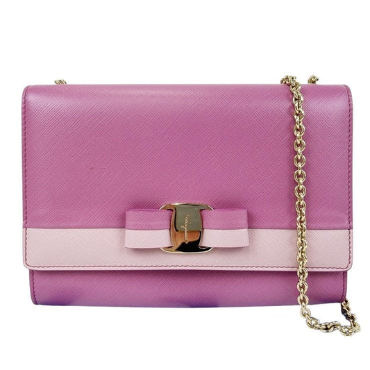 Salvatore Ferragamo フェラガモ ショルダーバッグ ヴァラリボン AU-22/C490 ピンク系 レザー レディース チェーン ゴールド金具 美品