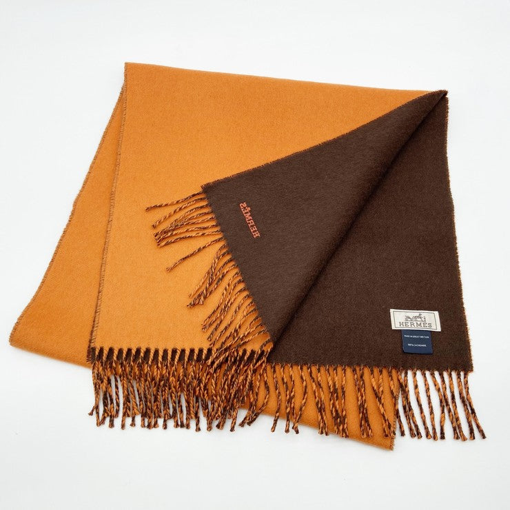 HERMES エルメス マフラー オレンジ ブラウン系 カシミヤ100％ ユニセックス ロゴ バイカラー 美品