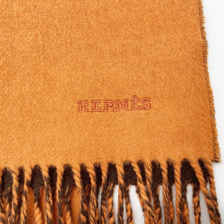 HERMES エルメス マフラー オレンジ ブラウン系 カシミヤ100％ ユニセックス ロゴ バイカラー 美品