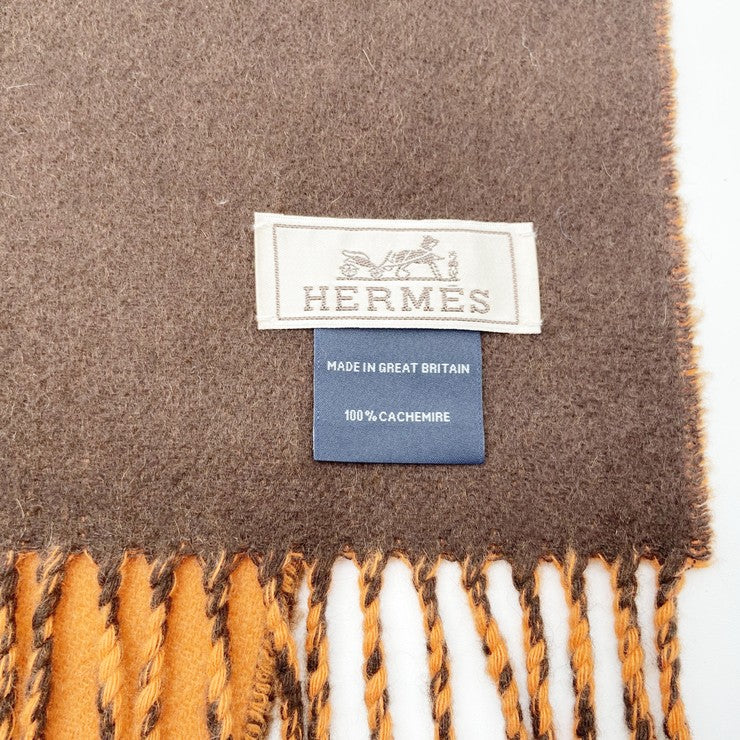 HERMES エルメス マフラー オレンジ ブラウン系 カシミヤ100％ ユニセックス ロゴ バイカラー 美品