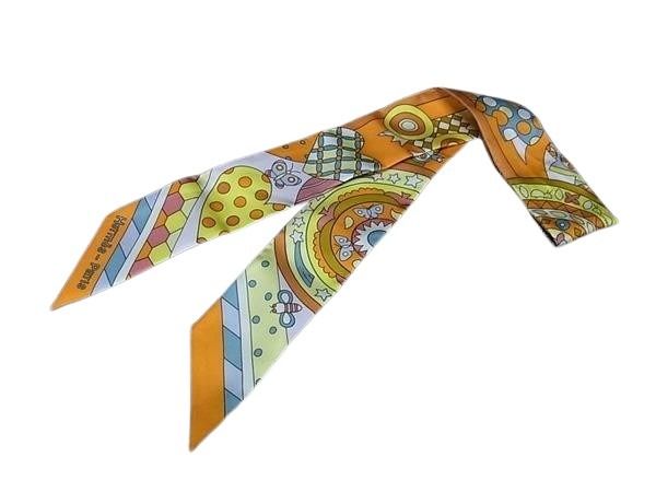 HERMES エルメス リボンスカーフ ツイリー Les Murmures De La foret 森のささやき オレンジ系×マルチカラー シルク100% レディース 美品