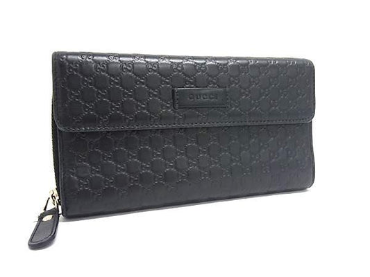 GUCCI グッチ 長財布 マイクログッチシマ ジップアラウンド ウォレット 449364 ブラック系 レザー ユニセックス フラップ 二つ折り財布 ラウンドファスナー 美品