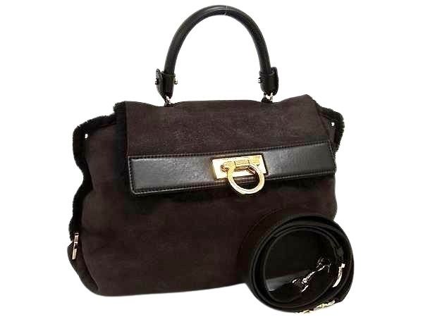 SalvatoreFerragamo フェラガモ ハンドバッグ ガンチーニ EZ-21 E788 ブラウン系 ムートン × レザー レディース 2WAY ショルダーバッグ ゴールド金具 美品