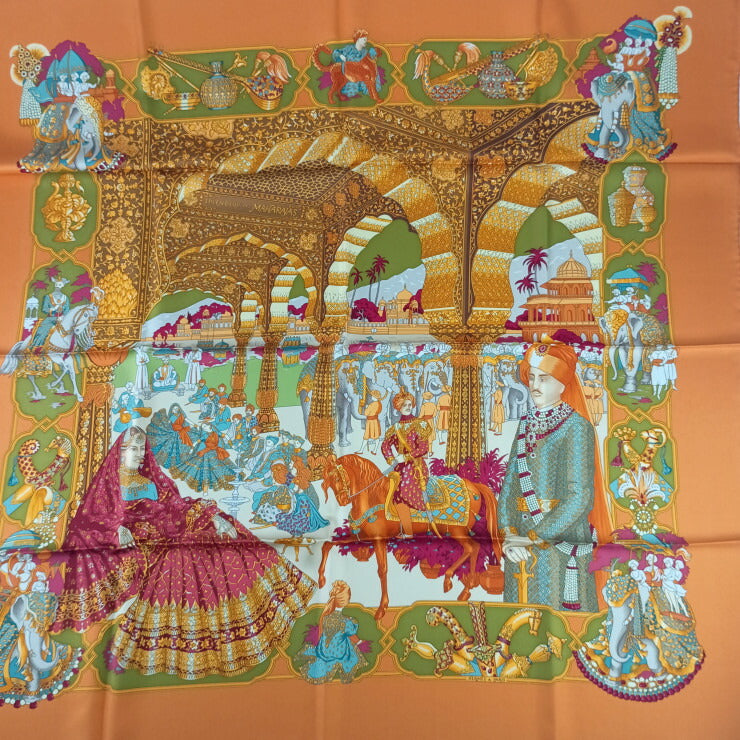 HERMES エルメス スカーフ カレ90 マルチカラー系 シルク100％ レディース SPLENDEUR DES MAHARAJAS 大判 美品