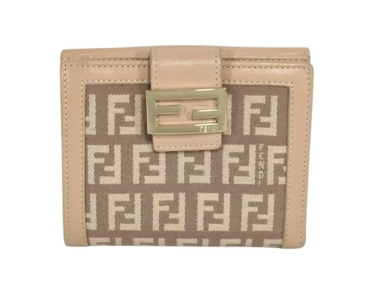 FENDI フェンディ 二つ折り財布 ズッキーノ 8M0188 ベージュ系 キャンバス レザー レディース ゴールド金具 美品