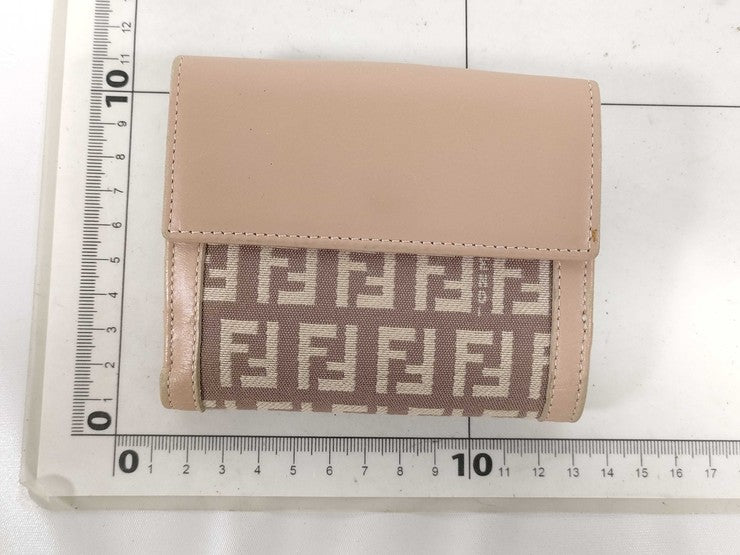 FENDI フェンディ 二つ折り財布 ズッキーノ 8M0188 ベージュ系 キャンバス レザー レディース ゴールド金具 美品