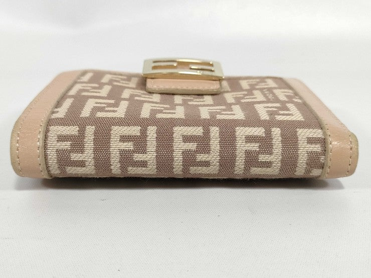 FENDI フェンディ 二つ折り財布 ズッキーノ 8M0188 ベージュ系 キャンバス レザー レディース ゴールド金具 美品
