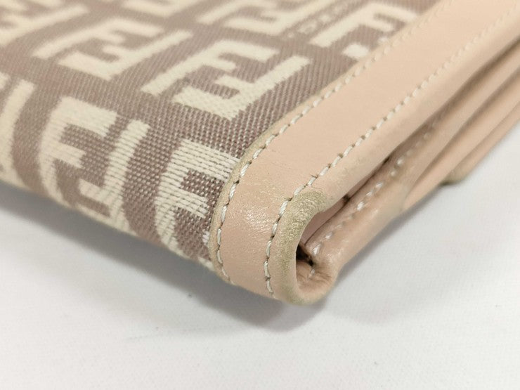 FENDI フェンディ 二つ折り財布 ズッキーノ 8M0188 ベージュ系 キャンバス レザー レディース ゴールド金具 美品