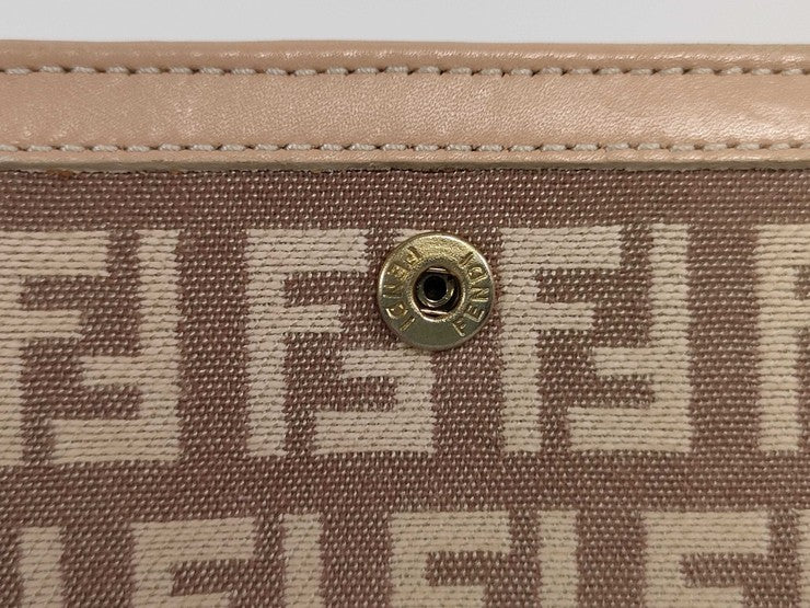 FENDI フェンディ 二つ折り財布 ズッキーノ 8M0188 ベージュ系 キャンバス レザー レディース ゴールド金具 美品