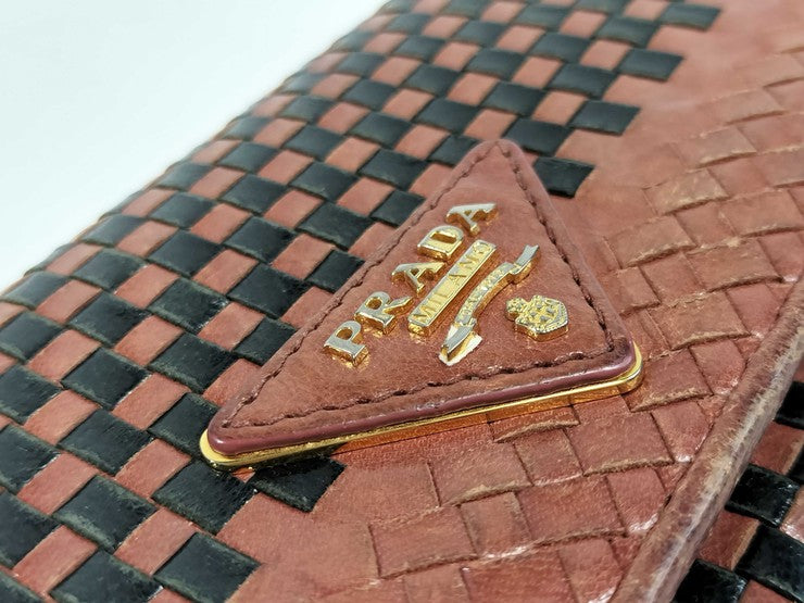 PRADA プラダ 長財布 マドラス ブラウン ブラック系 レザー ユニセックス 二つ折り トライアングルロゴ ゴールド金具