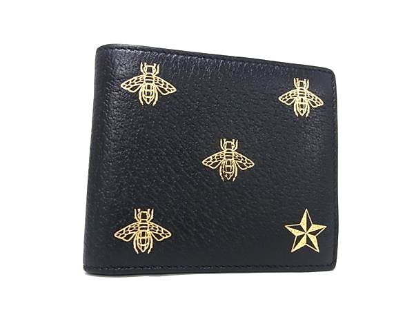 GUCCI グッチ 財布 495053 ブラック ゴールド レザー メンズ ビー 蜂 二つ折り 財布 美品