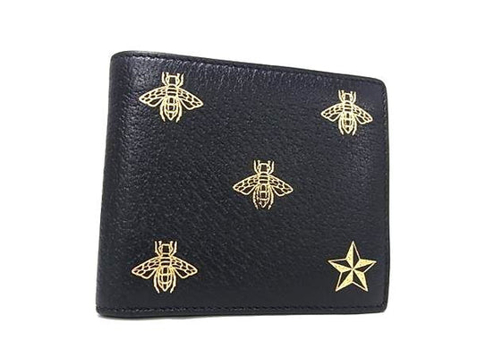 GUCCI グッチ 財布 495053 ブラック ゴールド レザー メンズ ビー 蜂 二つ折り 財布 美品
