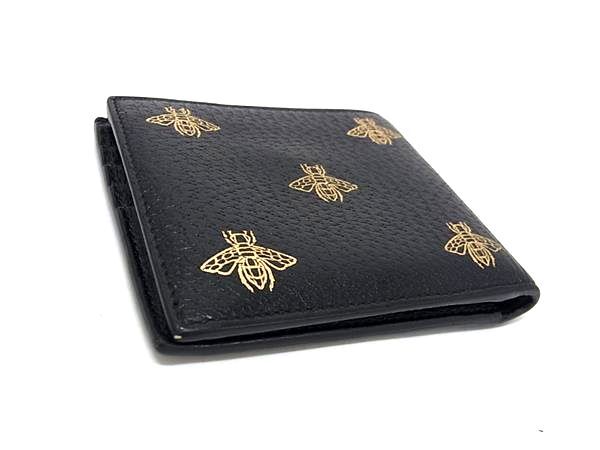 GUCCI グッチ 財布 495053 ブラック ゴールド レザー メンズ ビー 蜂 二つ折り 財布 美品