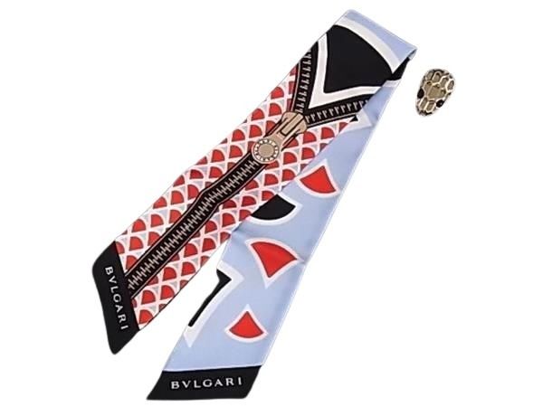 BVLGARI ブルガリ リボンスカーフ スカーフリング セルペンティ マルチカラー ゴールド シルク100％ メタル レディース 新品未使用展示品