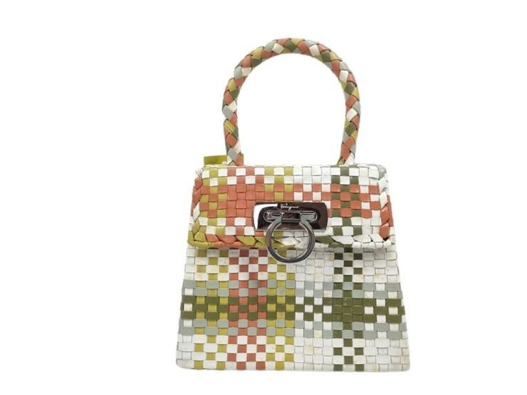 Salvatore Ferragamo フェラガモ ハンドバッグ ガンチーニ DO-217228 マルチカラー系 レザー レディース トップハンドル 編み込み シルバー金具 美品
