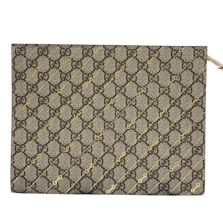 GUCCI グッチ クラッチバッグ GGスプリーム 774345 ゴールド×ベージュ系 PVC×レザー ユニセックス ゴールド金具 超美品
