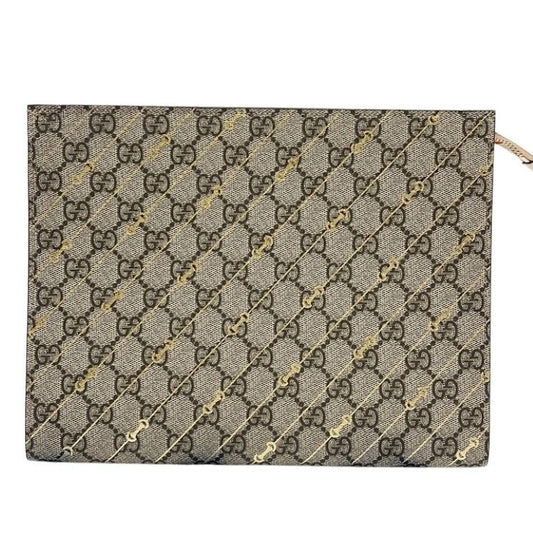 GUCCI グッチ クラッチバッグ GGスプリーム 774345 ゴールド×ベージュ系 PVC×レザー ユニセックス ゴールド金具 超美品