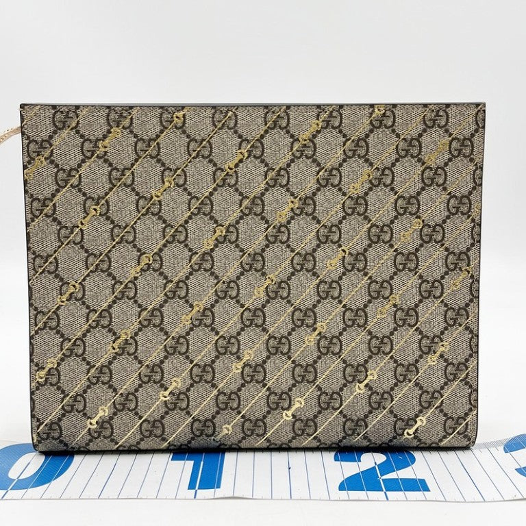 GUCCI グッチ クラッチバッグ GGスプリーム 774345 ゴールド×ベージュ系 PVC×レザー ユニセックス ゴールド金具 超美品