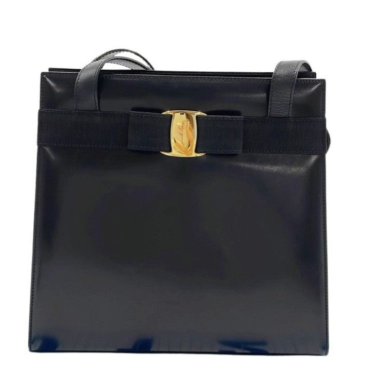 Salvatore Ferragamo フェラガモ ショルダーバッグ ヴァラリボン BL-216 676 ブラック系 レザー レディース ゴールド金具 美品
