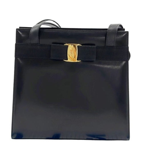 Salvatore Ferragamo フェラガモ ショルダーバッグ ヴァラリボン BL-216 676 ブラック系 レザー レディース ゴールド金具 美品