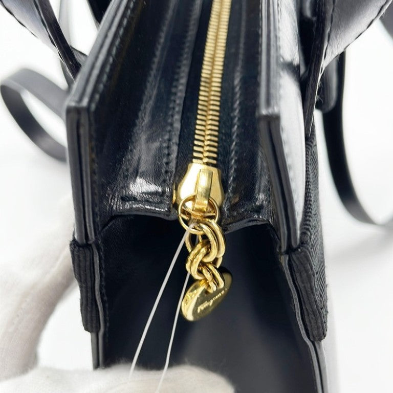 Salvatore Ferragamo フェラガモ ショルダーバッグ ヴァラリボン BL-216 676 ブラック系 レザー レディース ゴールド金具 美品