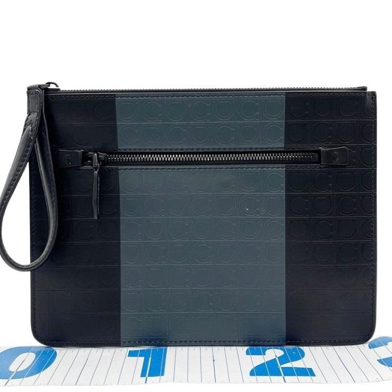 Salvatore Ferragamo フェラガモ クラッチバッグ ガンチーニ GG-24 A253 ブラック×グレー系 レザー メンズ 美品