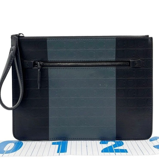 Salvatore Ferragamo フェラガモ クラッチバッグ ガンチーニ GG-24 A253 ブラック×グレー系 レザー メンズ 美品