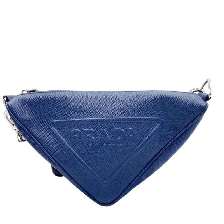 PRADA プラダ ショルダーバッグ トライアングルロゴ 2VH155 ブルー系 レザー ユニセックス 白タグ シルバー金具 美品