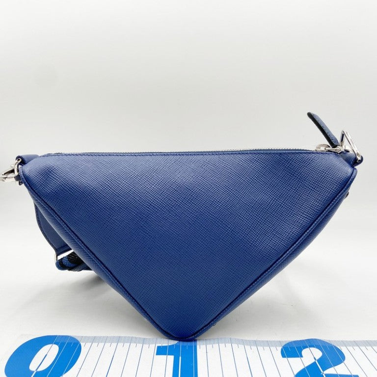 PRADA プラダ ショルダーバッグ トライアングルロゴ 2VH155 ブルー系 レザー ユニセックス 白タグ シルバー金具 美品