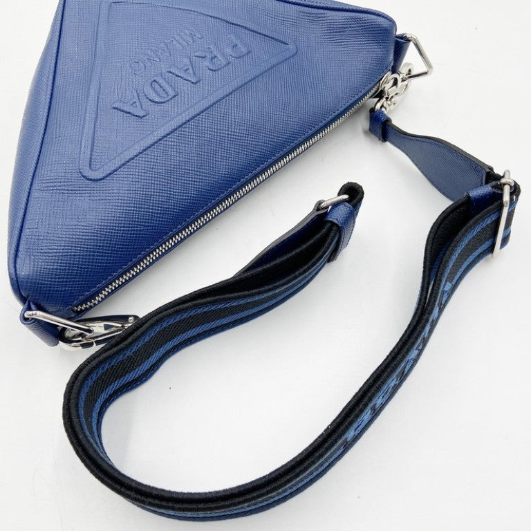 PRADA プラダ ショルダーバッグ トライアングルロゴ 2VH155 ブルー系 レザー ユニセックス 白タグ シルバー金具 美品