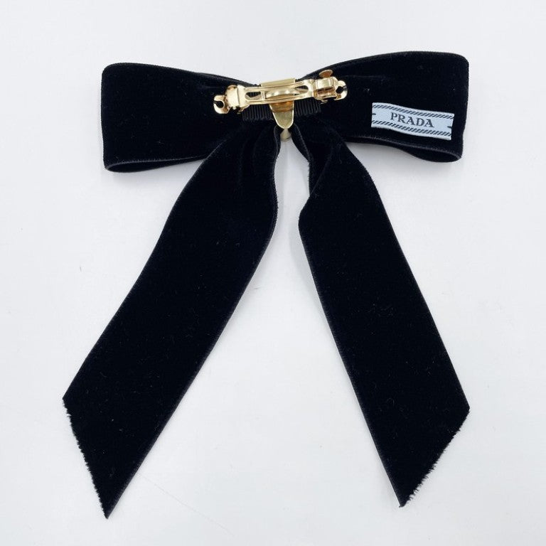 PRADA プラダ バレッタ トライアングルロゴ 1IF154 ブラック系 ベルベット レディース ヘアアクセサリー リボン 美品