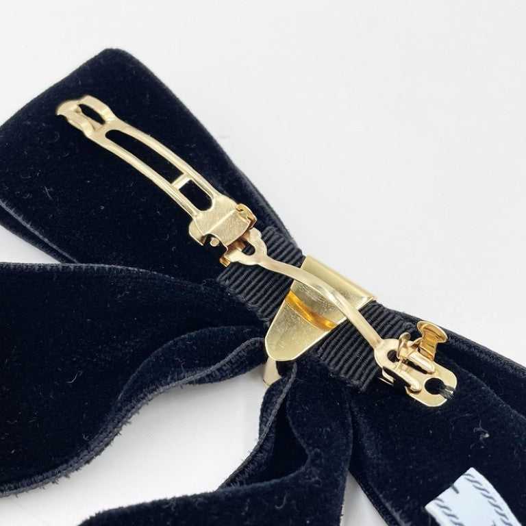 PRADA プラダ バレッタ トライアングルロゴ 1IF154 ブラック系 ベルベット レディース ヘアアクセサリー リボン 美品