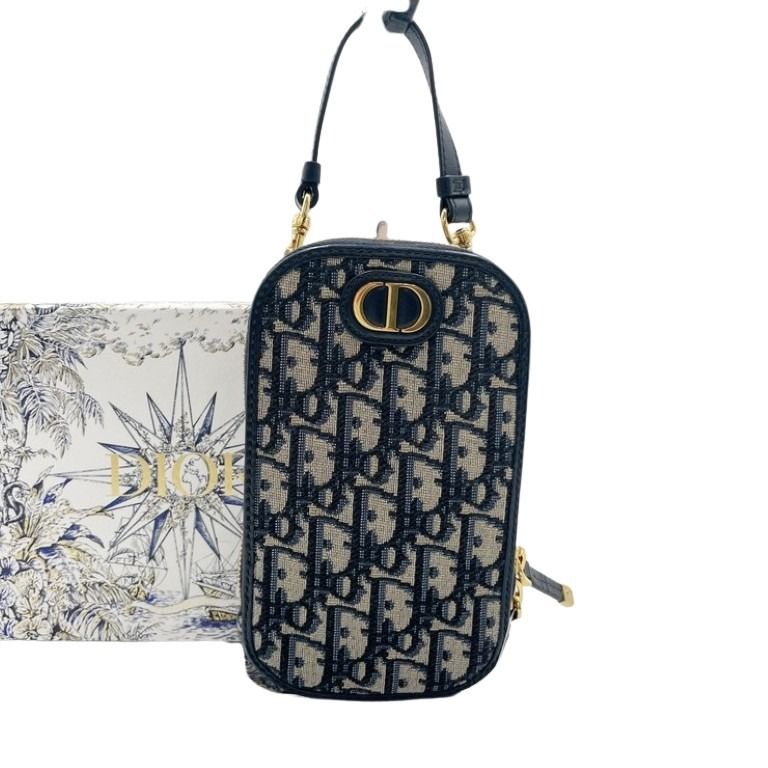Christian Dior クリスチャンディオール ショルダーバッグ トロッター ブルー系 キャンバス レザー レディース スマホショルダー フォンホルダー チェーン 美品