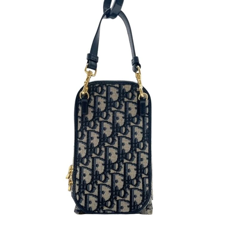 Christian Dior クリスチャンディオール ショルダーバッグ トロッター ブルー系 キャンバス レザー レディース スマホショルダー フォンホルダー チェーン 美品