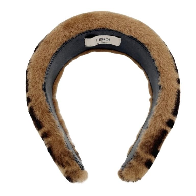 FENDI フェンディ カチューシャ ズッカ柄 FXQ642 ブラウン系 ファー レディース ヘアアクセサリー ヘアバンド 美品