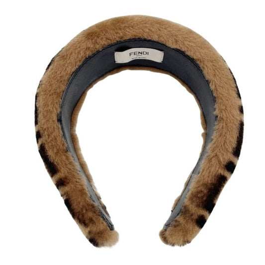 FENDI フェンディ カチューシャ ズッカ柄 FXQ642 ブラウン系 ファー レディース ヘアアクセサリー ヘアバンド 美品