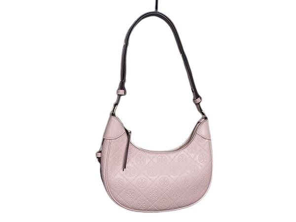 TORY BURCH トリーバーチ ショルダーバッグ Tモノグラム エンボス クレセントバッグ ピンク系 レザー レディース ゴールド金具 超美品