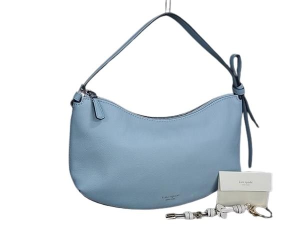 KATE SPADE ケイトスペード ハンドバッグ ループ ショルダー バッグ KM487 ライトブルー系 レザー レディース ゴールド金具 エナメル ノット バッグ チャーム KN701付き 超美品