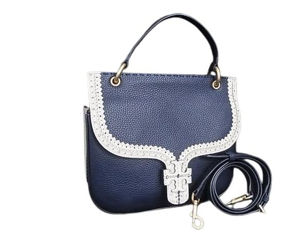 TORY BURCH トリーバーチ ショルダーバッグ 2WAY ハンドバック ネイビー系 アイボリー系 レザー レディース ゴールド金具 バイカラー パンチング 美品