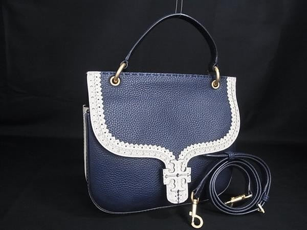 TORY BURCH トリーバーチ ショルダーバッグ 2WAY ハンドバック ネイビー系 アイボリー系 レザー レディース ゴールド金具 バイカラー パンチング 美品