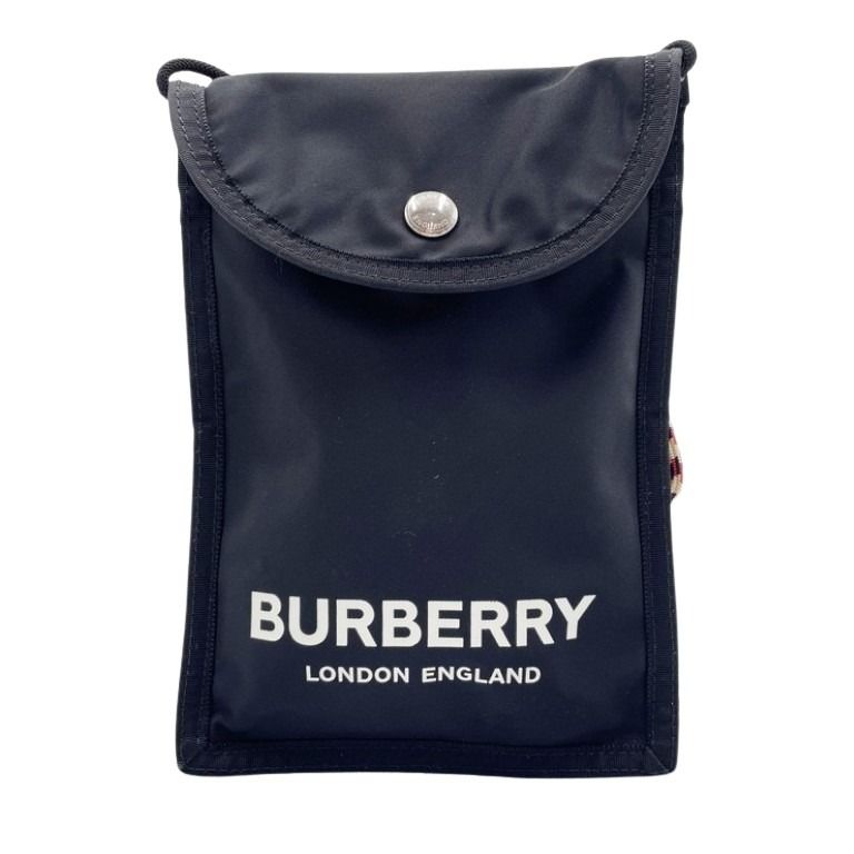 BURBERRY バーバリー ショルダーバッグ ロゴプリント サコッシュ ブラック系 ナイロン ユニセックス フォンショルダー シルバー金具 美品